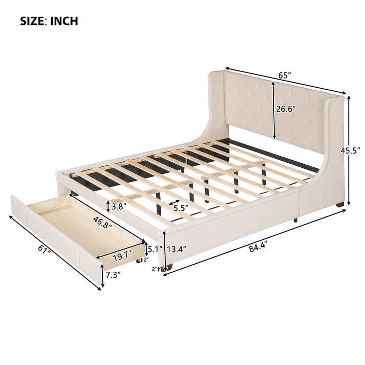 Queen Size Storage Bed Velvet Upholstered Platform Bed with Wingback Headboard and a Big Drawer