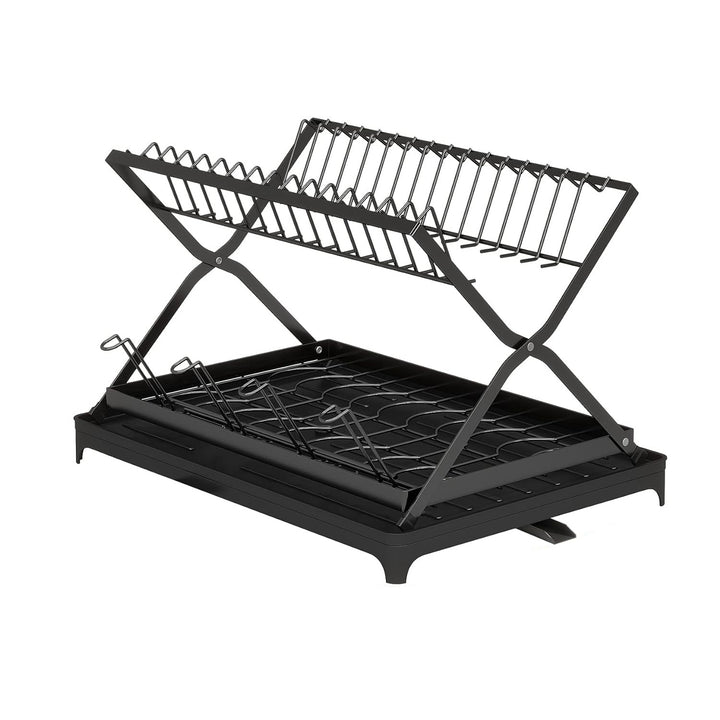 2 Tier Dish Drying Rack with Cup Holder Foldable Dish Drainer Shelf for Kitchen Countertop Rustproof Utensil Holder with Drainboard Black