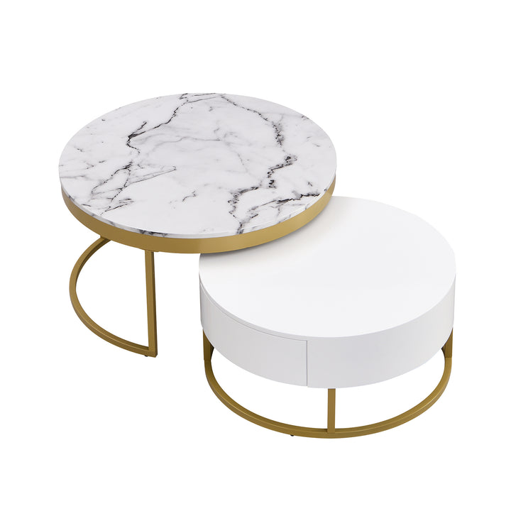 Modern Round Nesting Coffee Table with Drawers in White