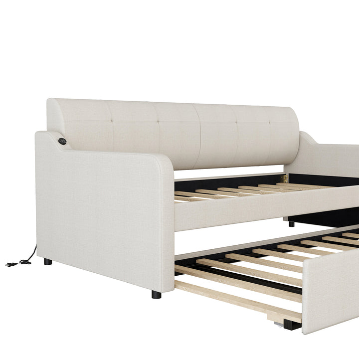 Twin Size Upholstery DayBed with Trundle and USB Charging Design