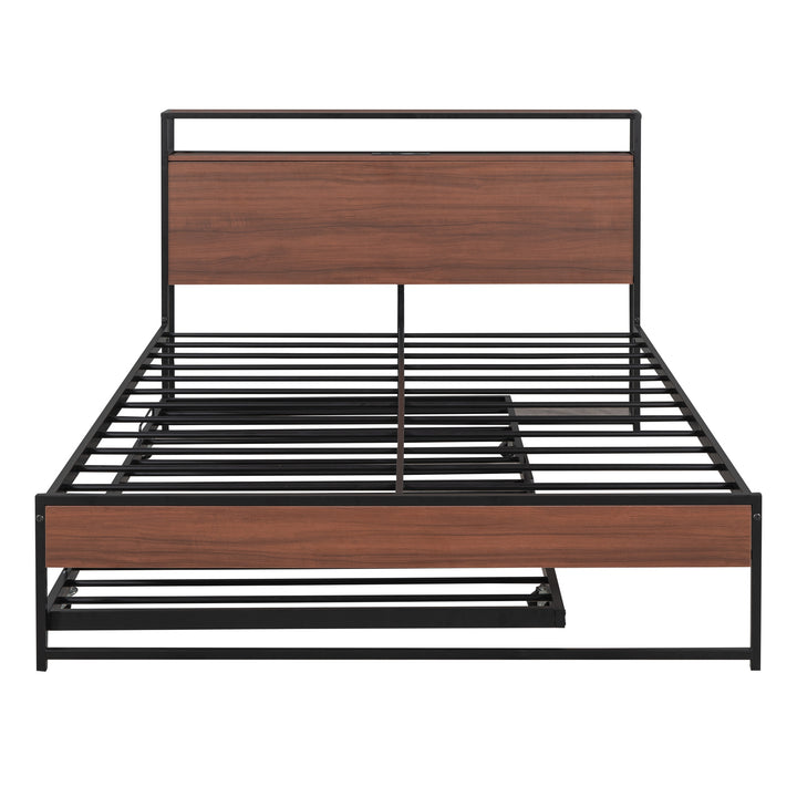 Full Size Metal Platform Bed Frame with Trundle, USB Ports and Slat Support, No Box Spring Needed Black