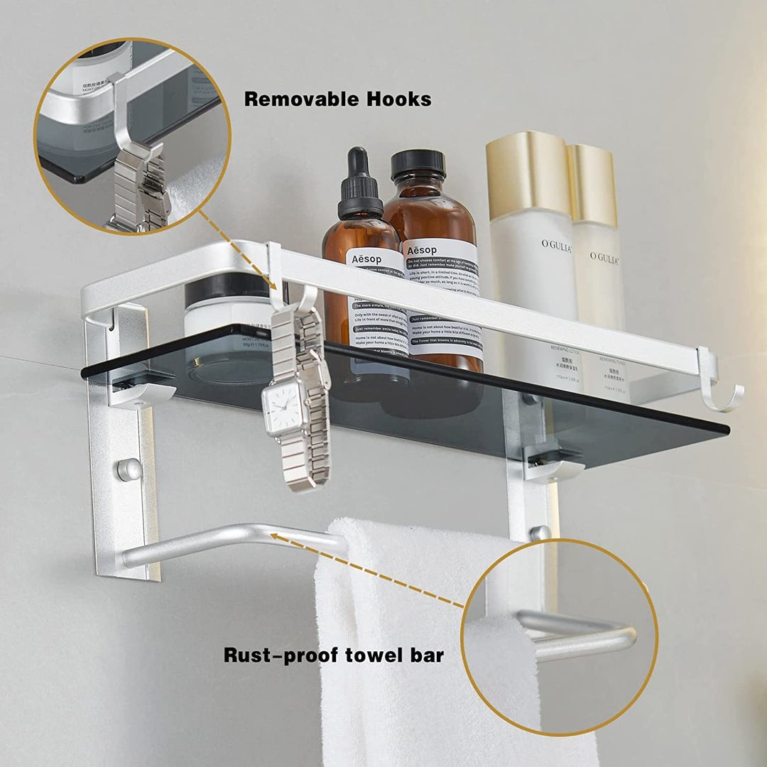 Glass Shelf for Bathroom 15.7 in Bathroom Shelves with Towel Bar Tempered Glass Shelves with 4 Removable Hooks for Wall(2 Tier)
