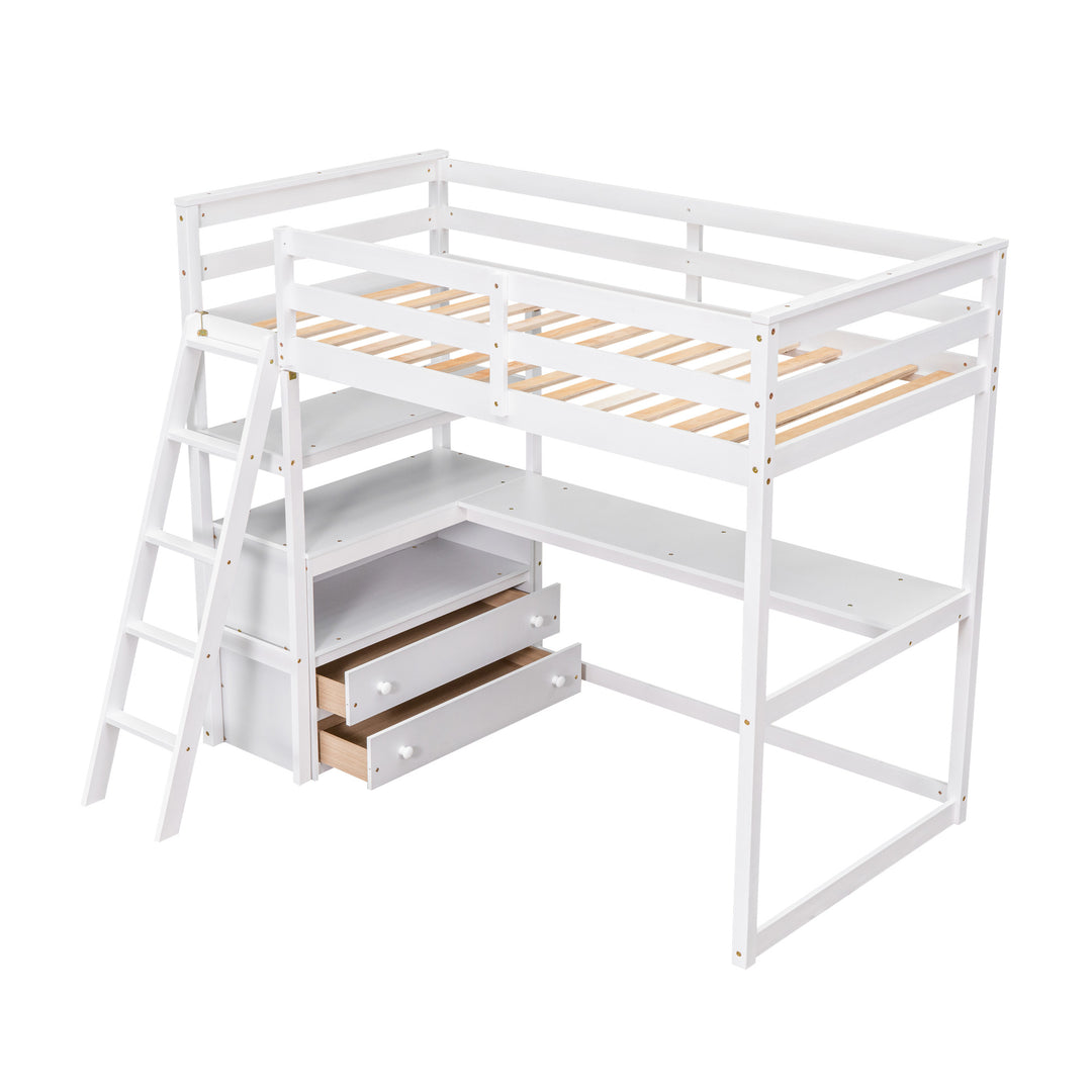 Twin Size Loft Bed with Desk and Shelves,  Two Built-in Drawers