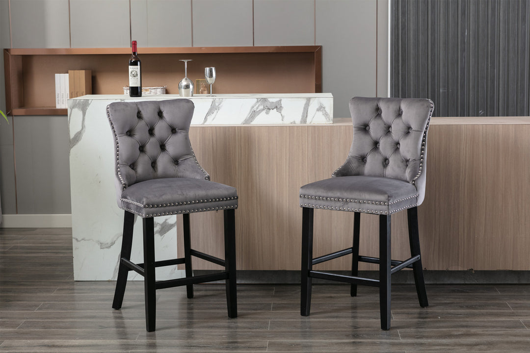 Contemporary Velvet Upholstered with Button Tufted Decoration and Wooden Legs  and Chrome Nailhead Trim Set of 2