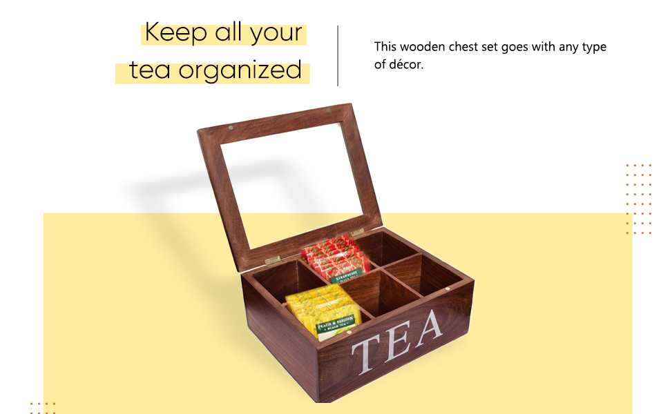 WILLART Wooden Rectangular Tea Storage Chest Box with 6 Compartments (Brown, Sheesham Wood)