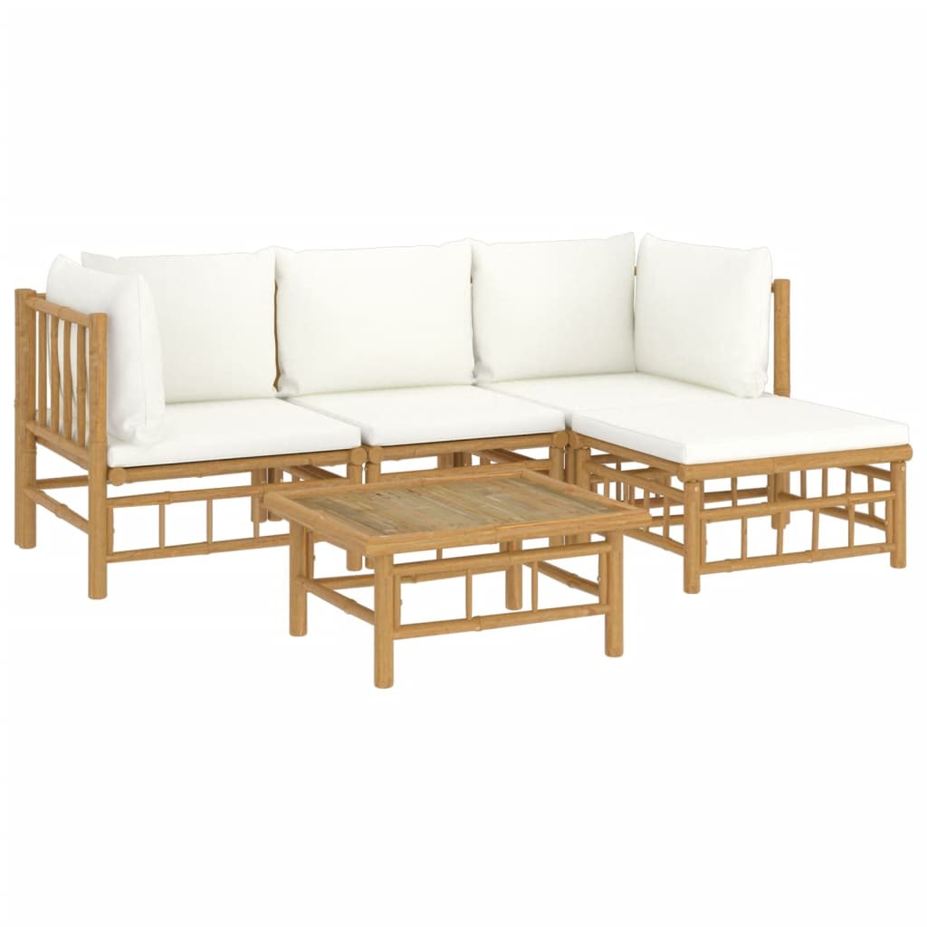 5 Piece Patio Lounge Set with Cream White Cushions Bamboo