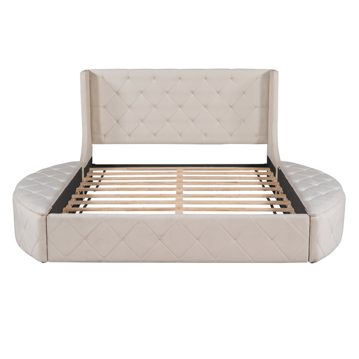 Upholstered Platform Bed Queen Size Storage Velvet Bed with Wingback Headboard and 1 Big Drawer 2 Side Storage Stool