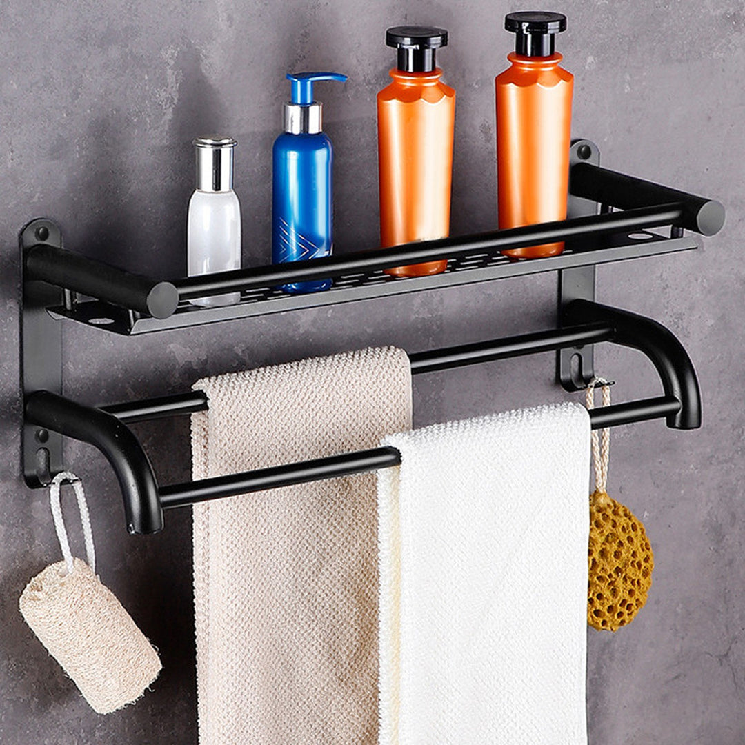 2 Tier Wall Mounted Towel Rack Bar Rail Towel Holder Hanger Bathroom Toiletries Storage Shelf with Nail Free Stickers