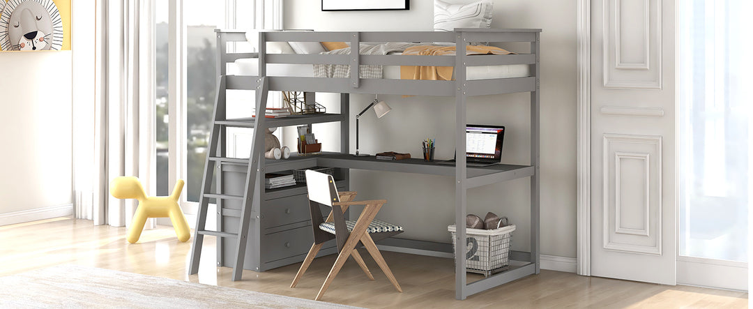 Twin Size Loft Bed with Desk and Shelves,  Two Built-in Drawers