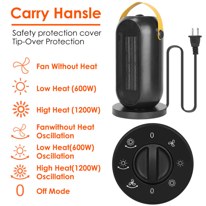 1200W Portable Electric Fan Heater PTC Ceramic Oscillation Heating Cool Fan Overheating Tip Over Protection 3S Heating Space For 322 Sq FT Home Office Use