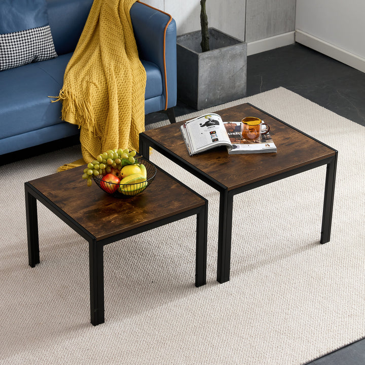 Nesting Coffee Table Set of 2  Square Modern Stacking Table with Wood Finish