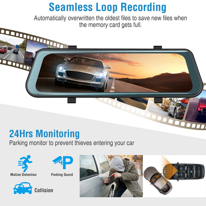 FHD 1080P Car DVR Dash Camera 9.66In Vehicle Driving Recorder with G Sensor Parking Monitoring Seamless Recording