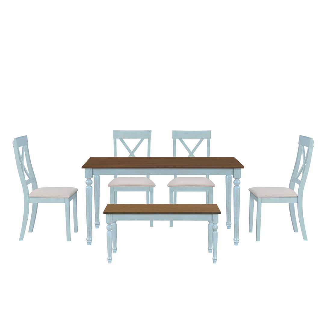 6 Piece Dining Table set with Bench, Wooden Kitchen Table Set with 4 Padded Dining Chairs