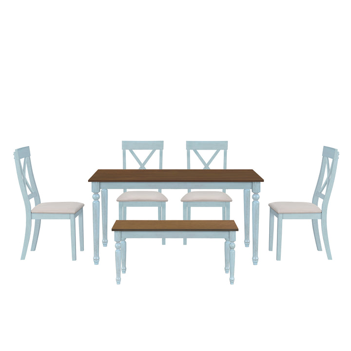 6 Piece Dining Table set with Bench, Wooden Kitchen Table Set with 4 Padded Dining Chairs