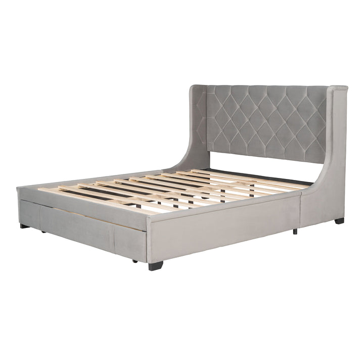 Queen Size Storage Bed Velvet Upholstered Platform Bed with Wingback Headboard and a Big Drawer