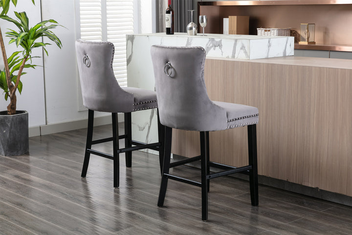 Contemporary Velvet Upholstered with Button Tufted Decoration and Wooden Legs  and Chrome Nailhead Trim Set of 2