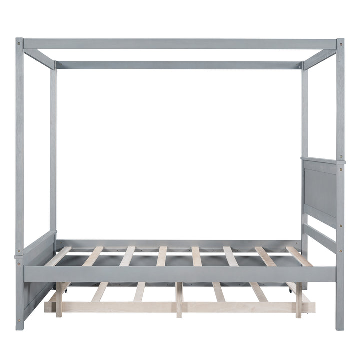 Wood Canopy Bed with Trundle Bed Full Size Canopy Platform bed With Support Slats No Box Spring Needed