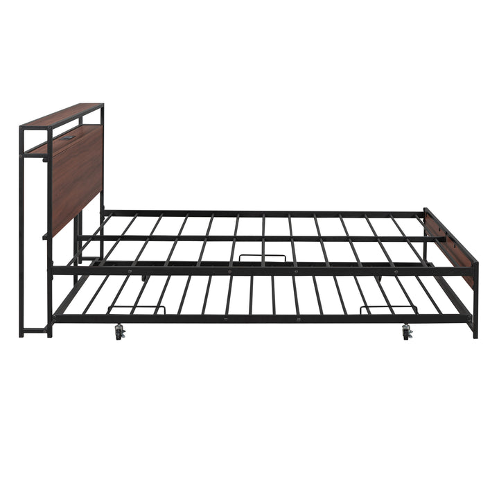 Full Size Metal Platform Bed Frame with Trundle, USB Ports and Slat Support, No Box Spring Needed Black