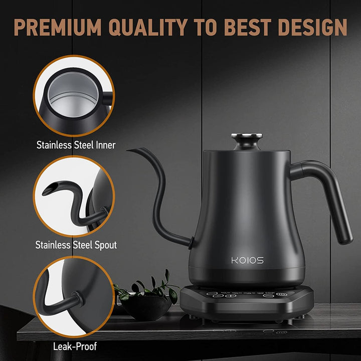 Electric Gooseneck Kettle Temperature Control & 5 Variable Presets;  Pour-Over Tea Kettle for Coffee Brewing;  Stainless Steel Inner;  1200W Rapid Heating;  Temp Holding;  0.8L;  Matte Black