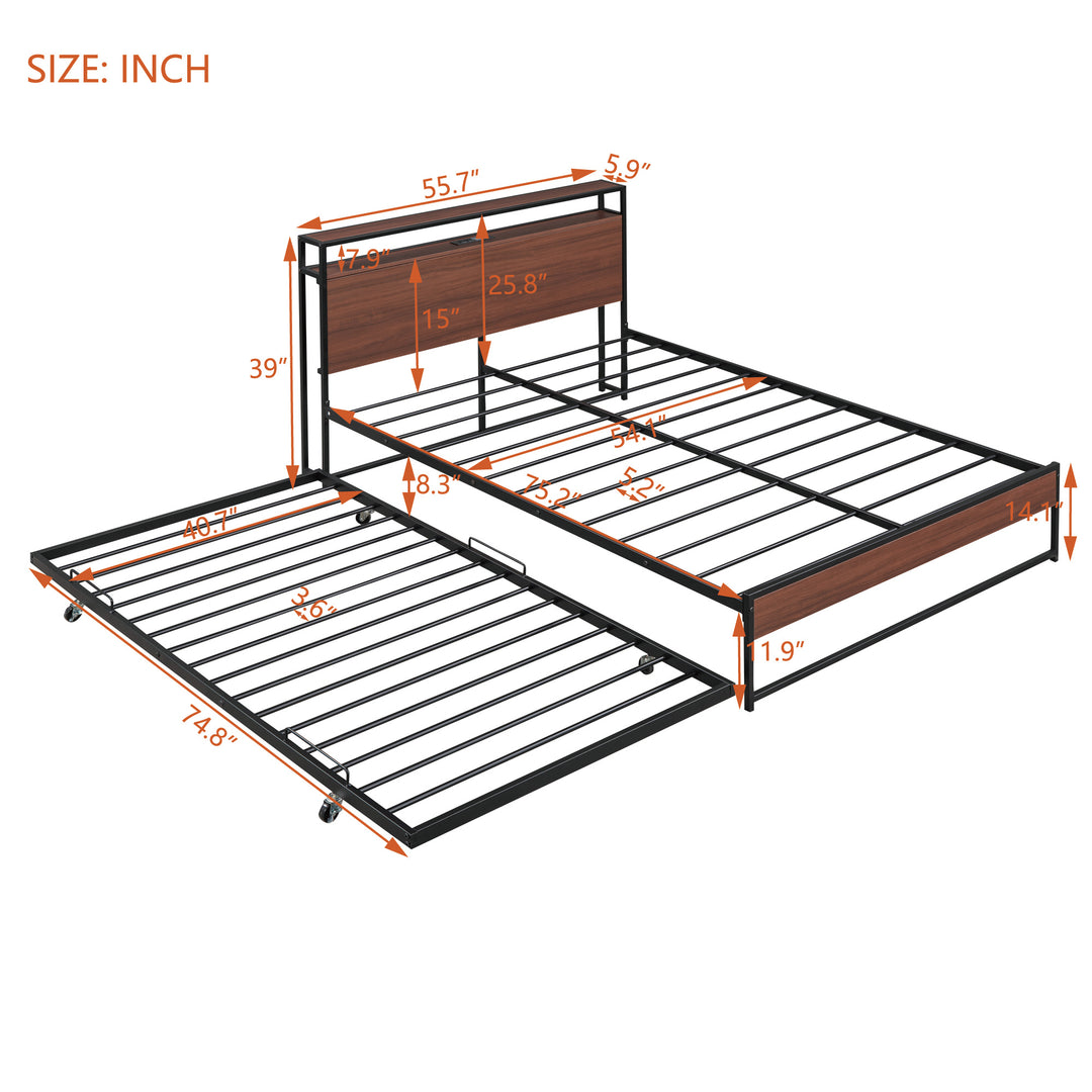 Full Size Metal Platform Bed Frame with Trundle, USB Ports and Slat Support, No Box Spring Needed Black