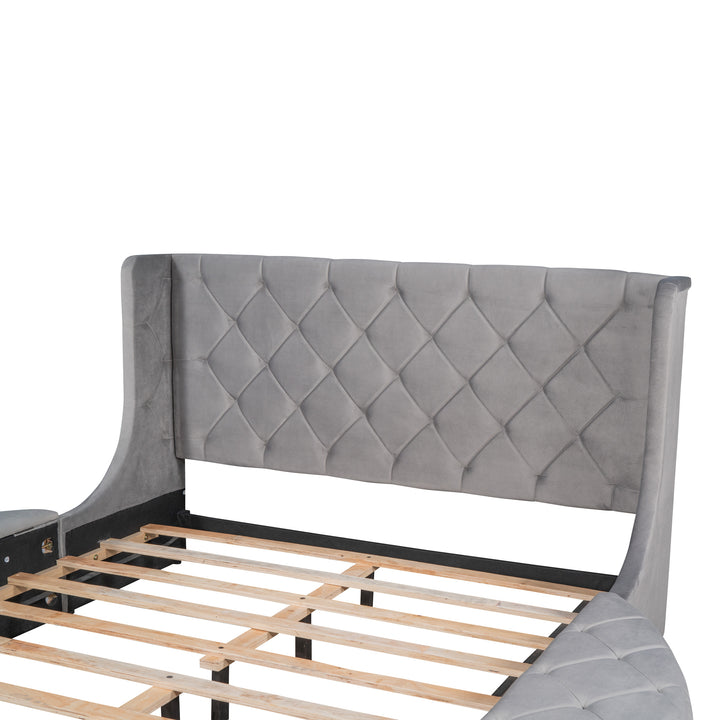 Upholstered Platform Bed Queen Size Storage Velvet Bed with Wingback Headboard and 1 Big Drawer 2 Side Storage Stool