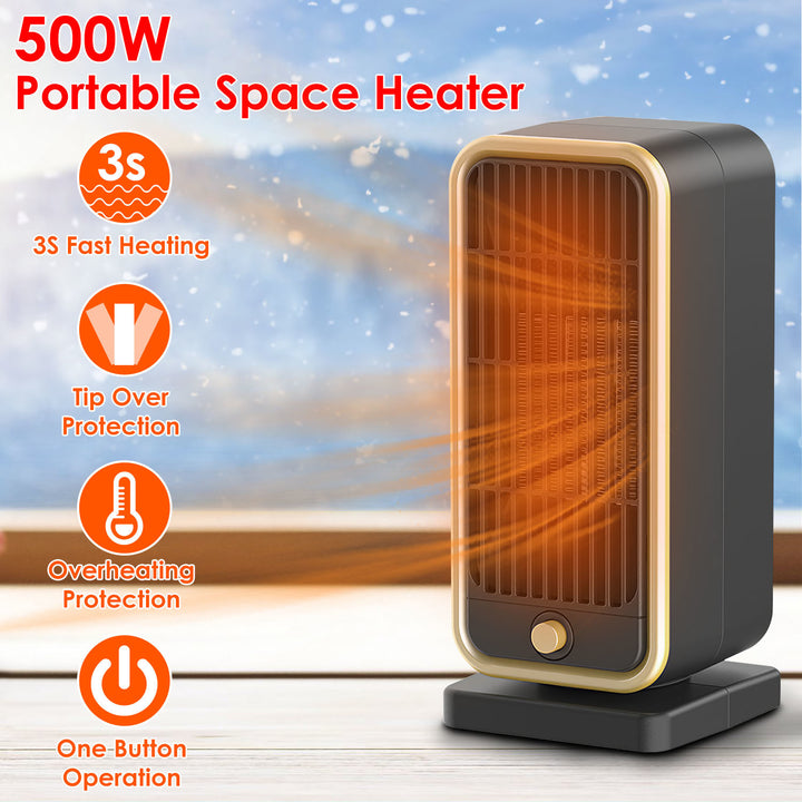 500W Portable Electric Heater PTC Ceramic Heating Space Heater Overheating Tip Over Protection