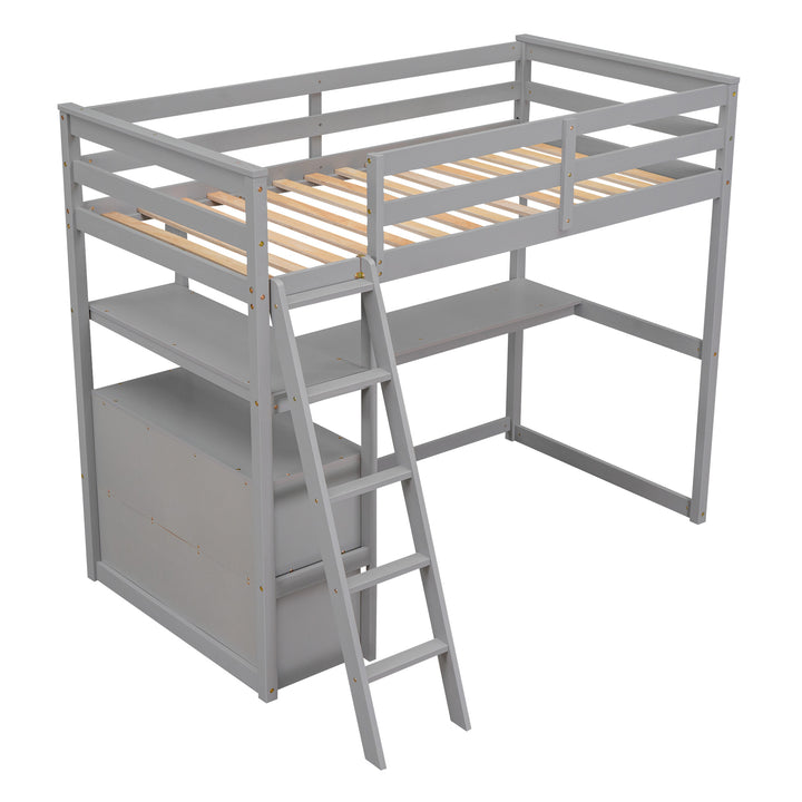 Twin Size Loft Bed with Desk and Shelves,  Two Built-in Drawers