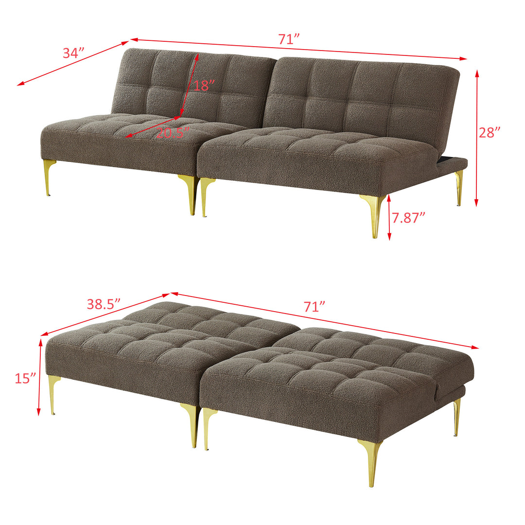 Convertible Sofa Bed Futon with Gold Metal Legs Teddy Fabric