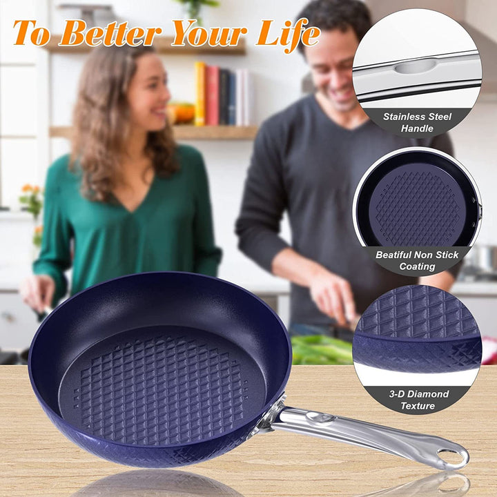 Kitchen Cookware Sets Nonstick Ceramic Blue,1.2 Quart Pot Saucepan with Lid+8 inch Small Frying Pan +9.5 Hard Anodized Frying Skillet Pan, Induction Nonstick Ceramic Flying Cooking Pan Stock Pot