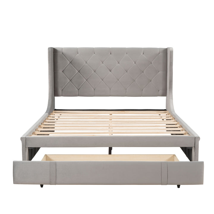 Queen Size Storage Bed Velvet Upholstered Platform Bed with Wingback Headboard and a Big Drawer