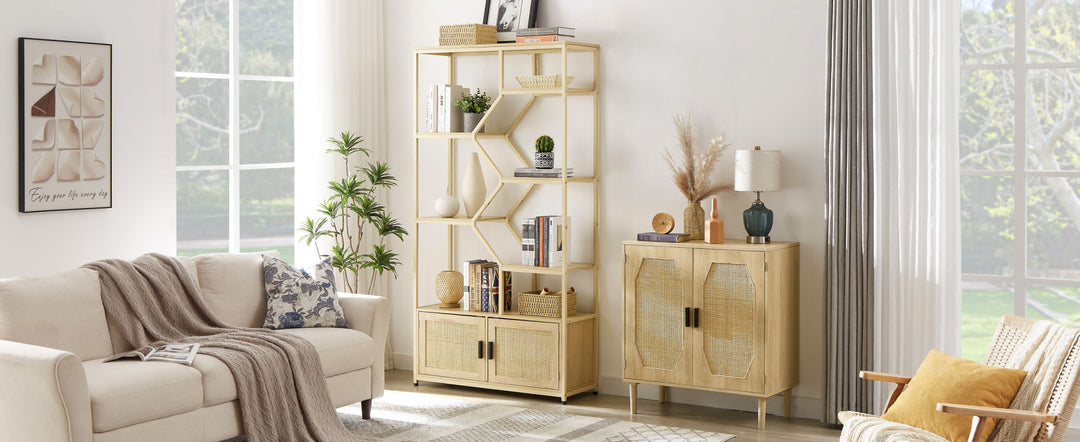 Rattan Bookshelf 5 Tiers Bookcases Storage Rack with Cabinet