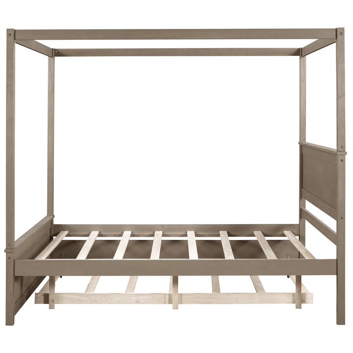 Wood Canopy Bed with Trundle Bed Full Size Canopy Platform bed With Support Slats No Box Spring Needed