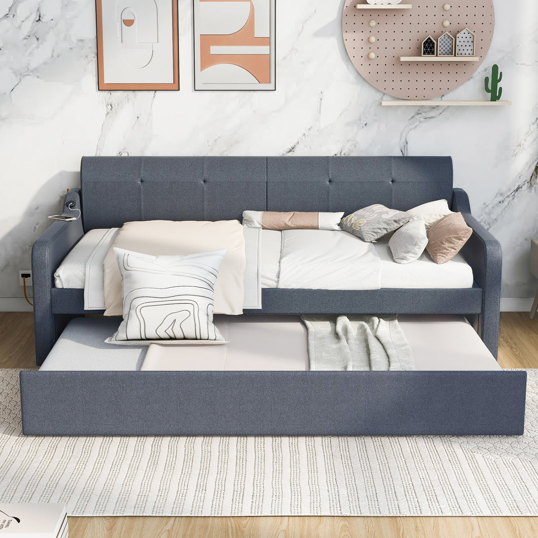 Twin Size Upholstery DayBed with Trundle and USB Charging Design