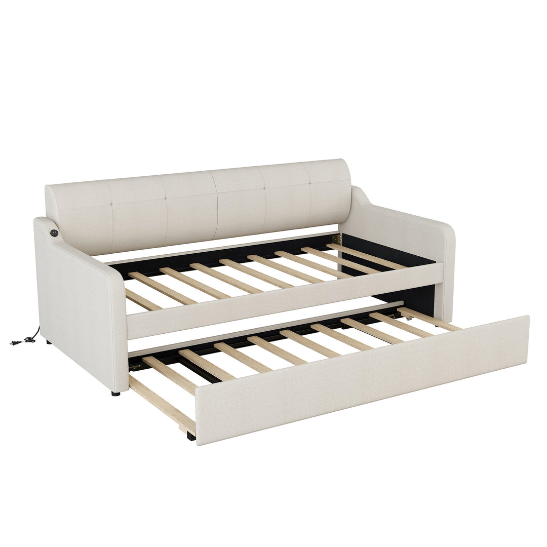 Twin Size Upholstery DayBed with Trundle and USB Charging Design