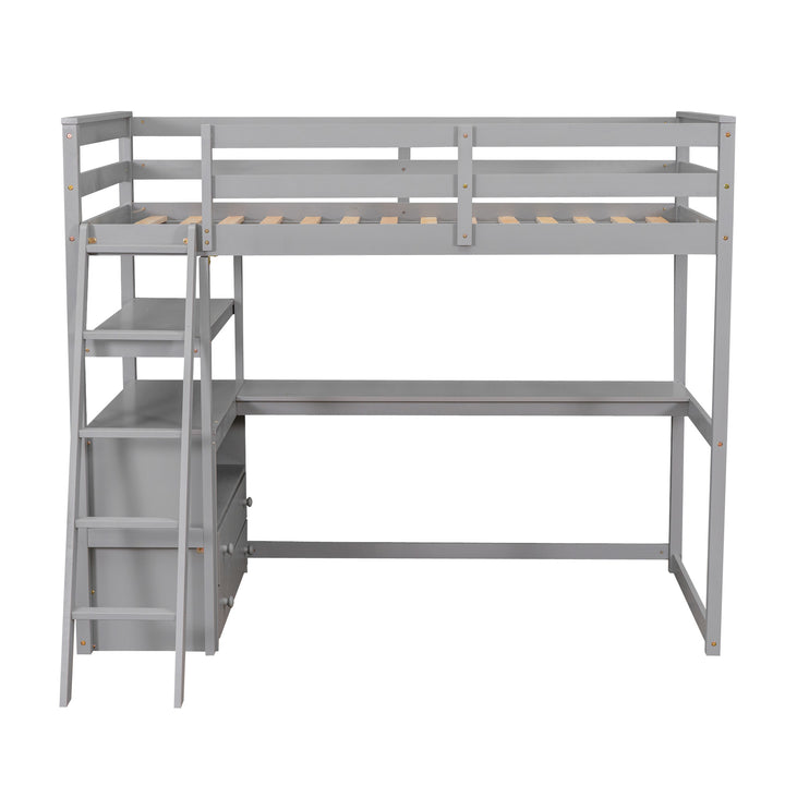 Twin Size Loft Bed with Desk and Shelves,  Two Built-in Drawers