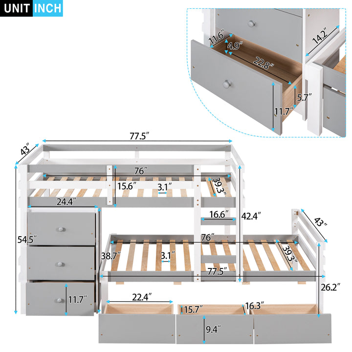 Twin over Twin Loft Bunk Bed with Drawers and Ladder