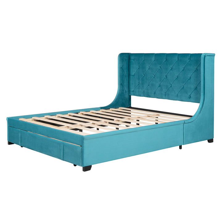 Queen Size Storage Bed Velvet Upholstered Platform Bed with Wingback Headboard and a Big Drawer