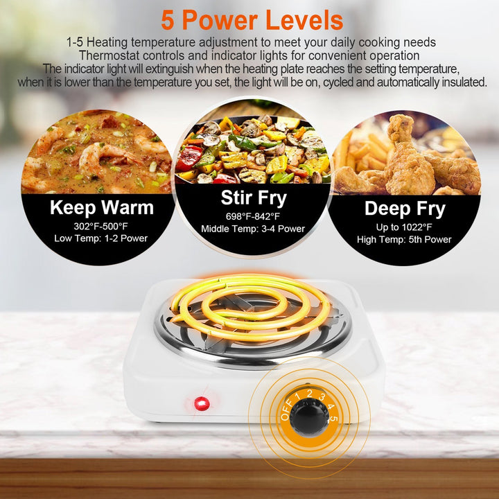 1000W Electric Single Burner Portable Coil Heating Hot Plate Stove Countertop RV Hotplate with Non Slip Rubber Feet 5 Temperature Adjustments