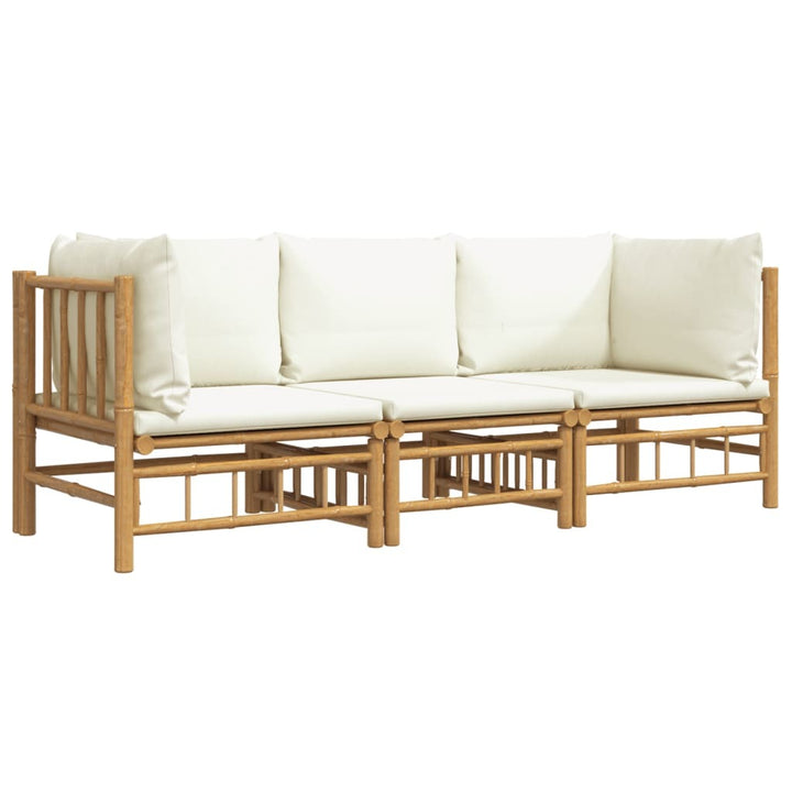 3 Piece Patio Lounge Set with Cream White Cushions Bamboo