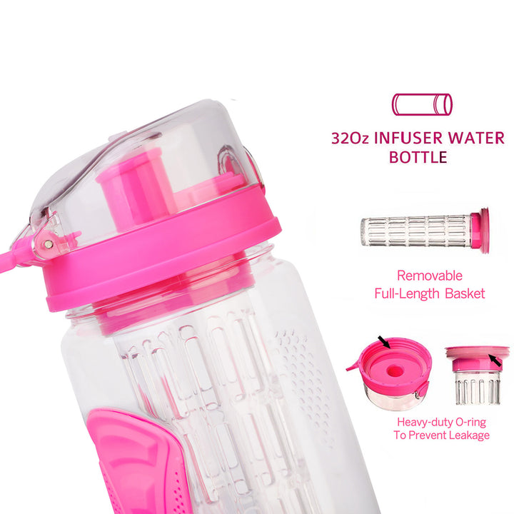 Fruit Infuser Water Bottle 32OZ Juice Shaker Sport w/ Flip Top Lid Anti-Slip Grips For Office Home Sport Running Walking Hiking