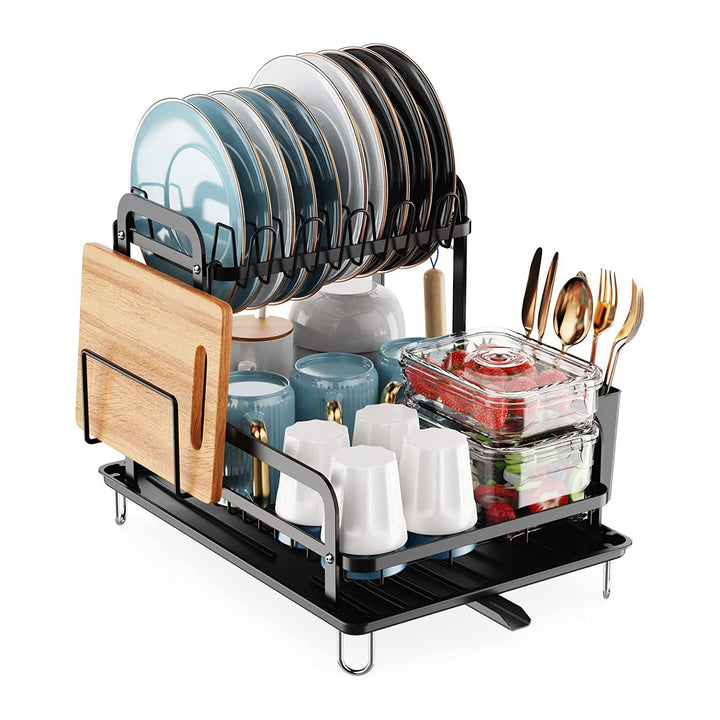 2-Tier Dish Drying Rack for Kitchen Counter Space Saving Rustproof Dish Rack with Drainboard Detachable Kitchen Drainer Organizer Set