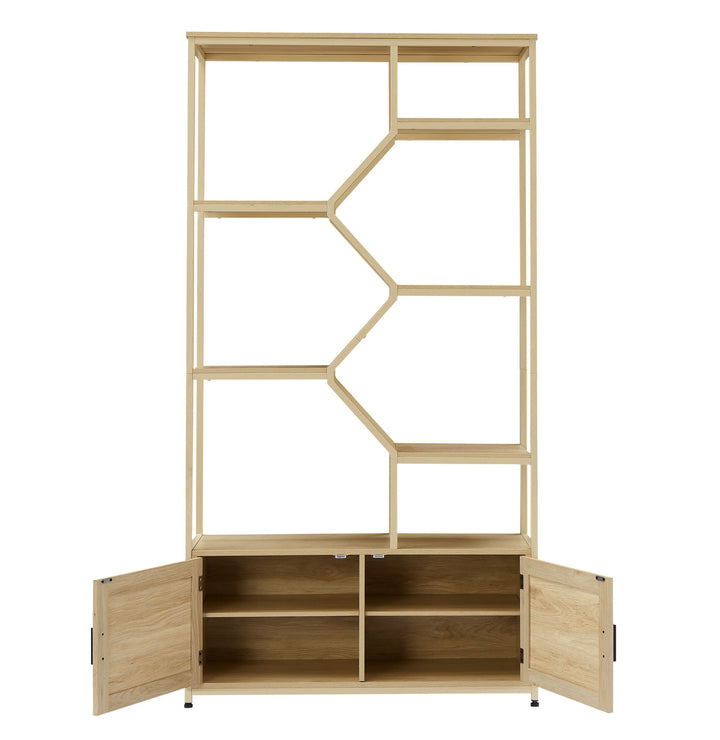 Rattan Bookshelf 5 Tiers Bookcases Storage Rack with Cabinet