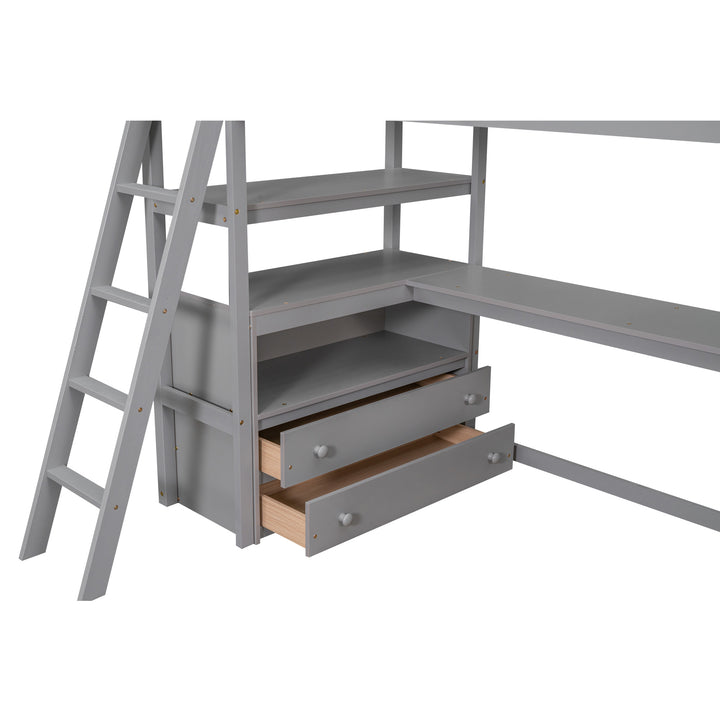 Twin Size Loft Bed with Desk and Shelves,  Two Built-in Drawers