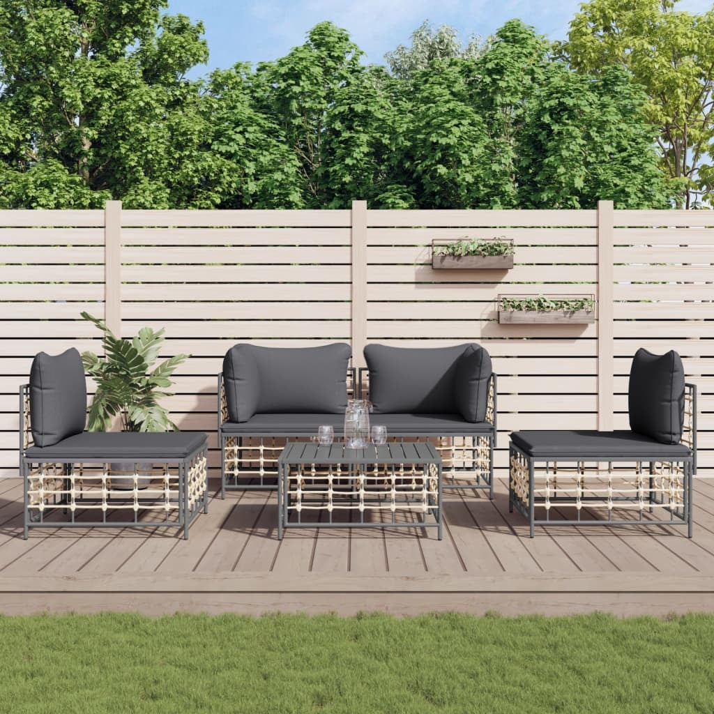 5 Piece Patio Lounge Set with Cushions Anthracite Poly Rattan