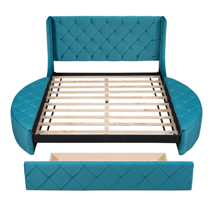Upholstered Platform Bed Queen Size Storage Velvet Bed with Wingback Headboard and 1 Big Drawer 2 Side Storage Stool