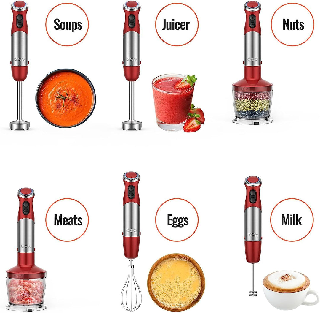 KOIOS 5-in-1 Hand Immersion Blender, 1000W 12 Speed with Turbo Mode Handheld Blender, Copper Motor Stainless Steel Blade Stick Blender, 600ml Mixing Beaker, 500ml Food Processor, Whisk, Milk Frother