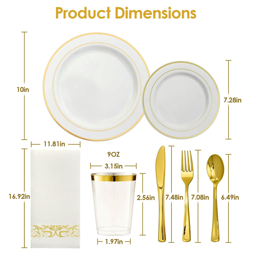 175Pcs Disposable Gold Dinnerware Set Gold Rim Plastic Plates Cups Fork Spoon Knife Paper Napkins for Party Wedding Graduation