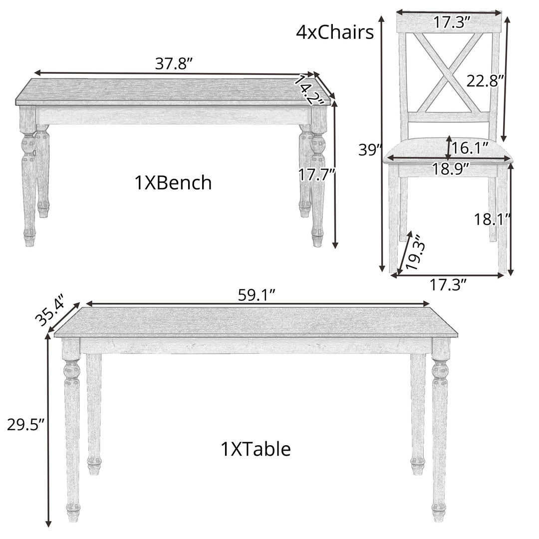 6 Piece Dining Table set with Bench, Wooden Kitchen Table Set with 4 Padded Dining Chairs