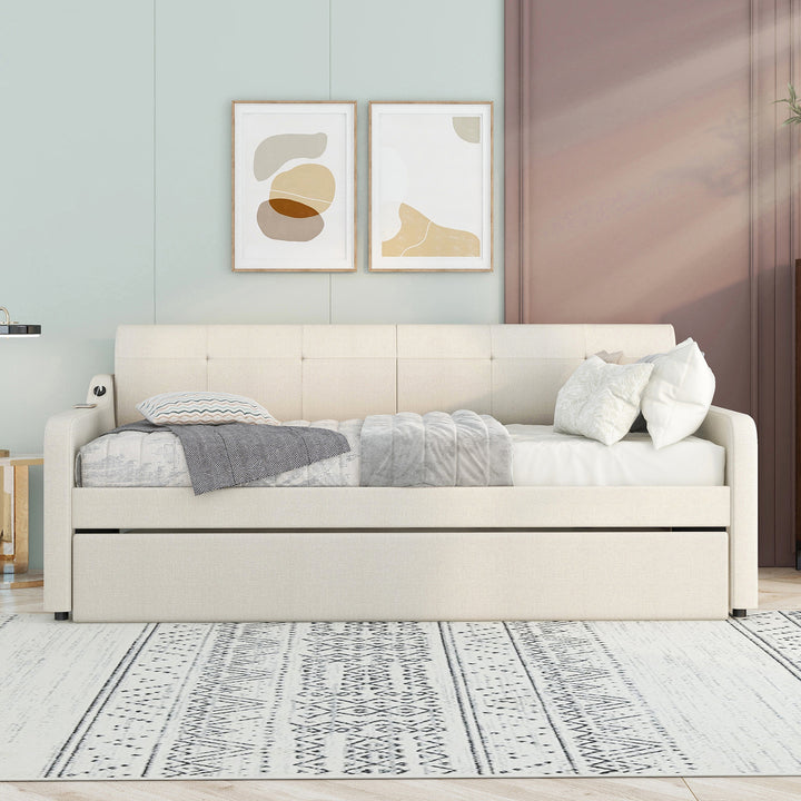 Twin Size Upholstery DayBed with Trundle and USB Charging Design