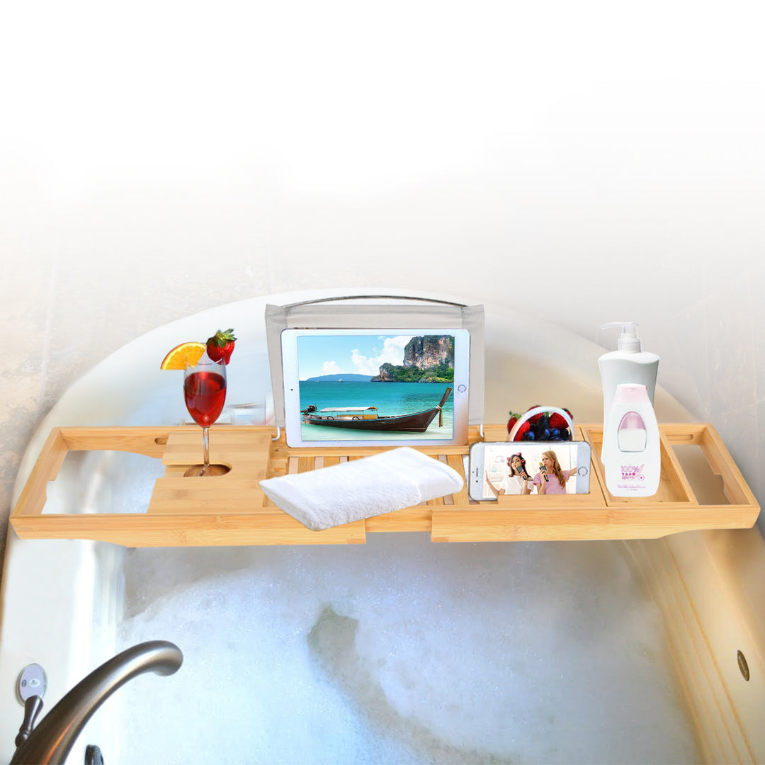 Bathtub Caddy Tray Crafted Bamboo Bath Tray Table Extendable Reading Rack Tablet Phone Holder